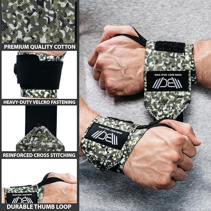 WARM BODY COLD MIND - Weightlifting Wrist Wraps for Cross Training, Powerlifting, Deadlift, Gym, Workout, Exercises & Fitness, Heavy-Duty Wrist Support, Thumb Loop