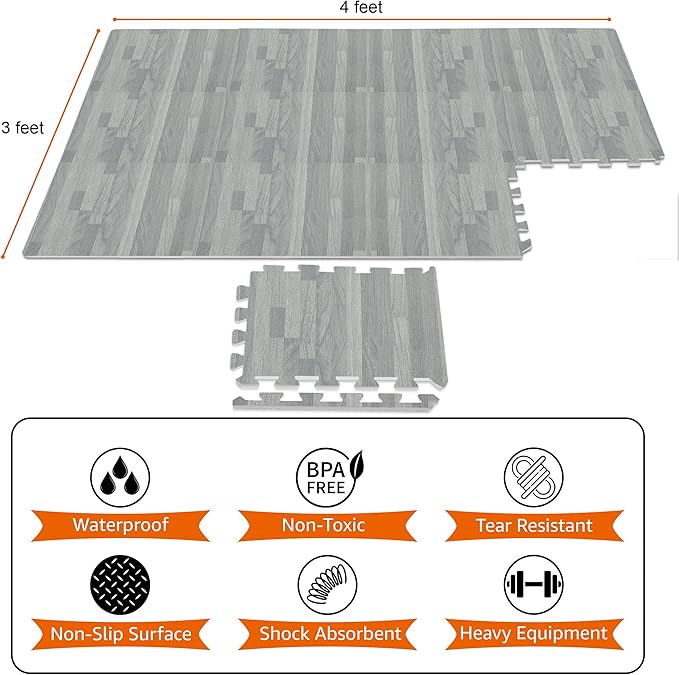 Sorbus Wood Floor Mats Foam Interlocking Mats Each Tile 1 Square Foot 3/8-Inch Thick Puzzle Wood Tiles with Borders – for Home Office Playroom Basement (16 Tiles 16 Sq ft, Wood Grain - Gray)