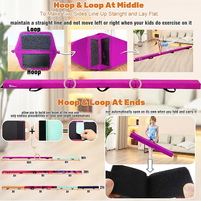 MARFULA 6 FT / 8 FT / 9 FT Folding Gymnastics Beam Foam Balance Floor Beam - Extra Firm - Suede Cover - Anti Slip Bottom with Carry Bag for Kids/Adults Home Use