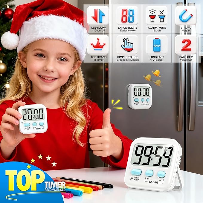 Antonki 2 Pack Digital Timer for Kids, Magnetic Countdown Kitchen Timers for Cooking, Egg, Classroom, Teacher, Exercise, Study, Oven - Battery Included