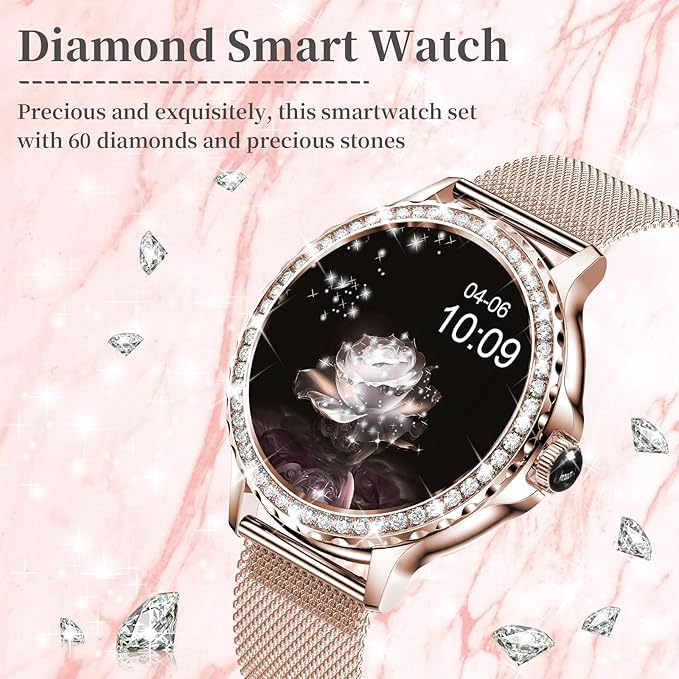 Smart Watches for Women (Answer/Make Call) with Diamonds, 1.3”HD Screen Bluetooth Smartwatch for Android iOS Phones, IP68 Waterproof Fitness Activity Trackers with Heart Rate/SpO2/BP/Sleep Monitor