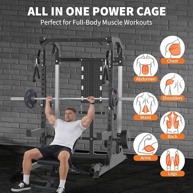 GarveeLife Power Cage, 2000LB Power Rack with Dual Independent Pulley System, Squat Rack with Adjustable Cable Crossover, Multi-Function Home Gym Workout Machine for Home