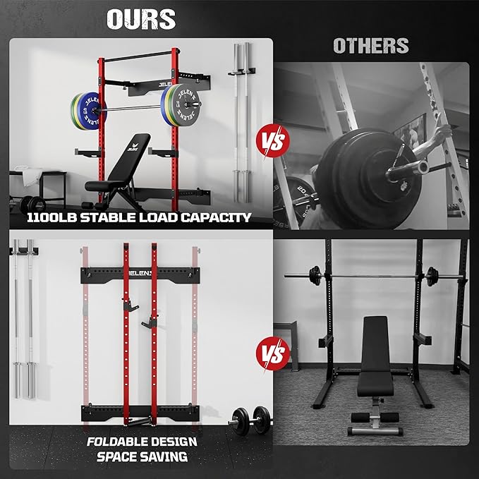 JELENS SF01 Folding Squat Rack, Wall Mounted Power Rack for Home Gym, Space Saving Multi-Functional Power Cage with More Attachments
