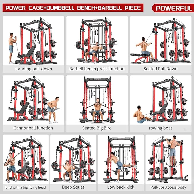 Multi-Purpose Squat Rack,Smith Machine Weight Rack Set with Cable Crossover System, Home Gym Power Racks, Power Racks and Packages