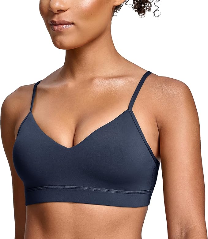 Oalka V Neck Sports Bra for Women Adjustable Padded Thin Straps Wireless Yoga Bras