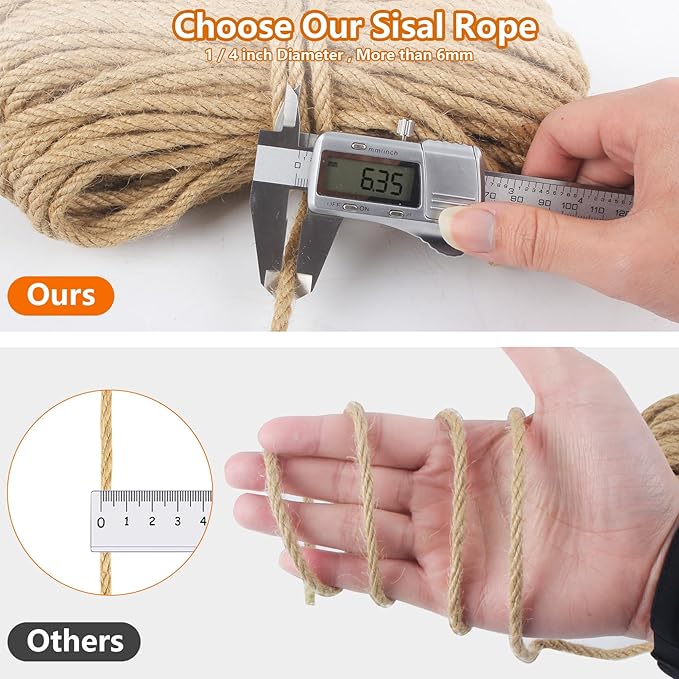 DEDU Sisal Rope 1/4 Inch X 600 FT, Natural Hemp Rope Twine, Twisted 4 Strand Multipurpose for Cat Scratcher, Docks, DIY Projects