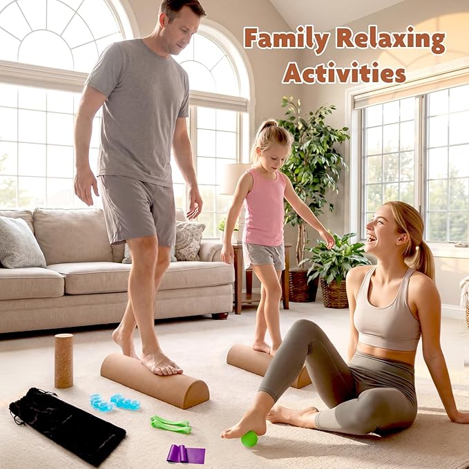 Cork Balance Board, Foot Balance Board Set with Massage Roller, Massage Ball, Toe Resistance Band, Toe Spacer, Resistance Band, Storage Bag, Ankle Strengthener for Home Office Gym