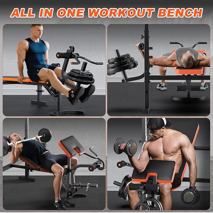 990LBS 6 in 1 Weight Bench Set with Leg Extension/Curl and Preacher Curl, Bench Press Set with Barbell Rack, Workout Benches for Home