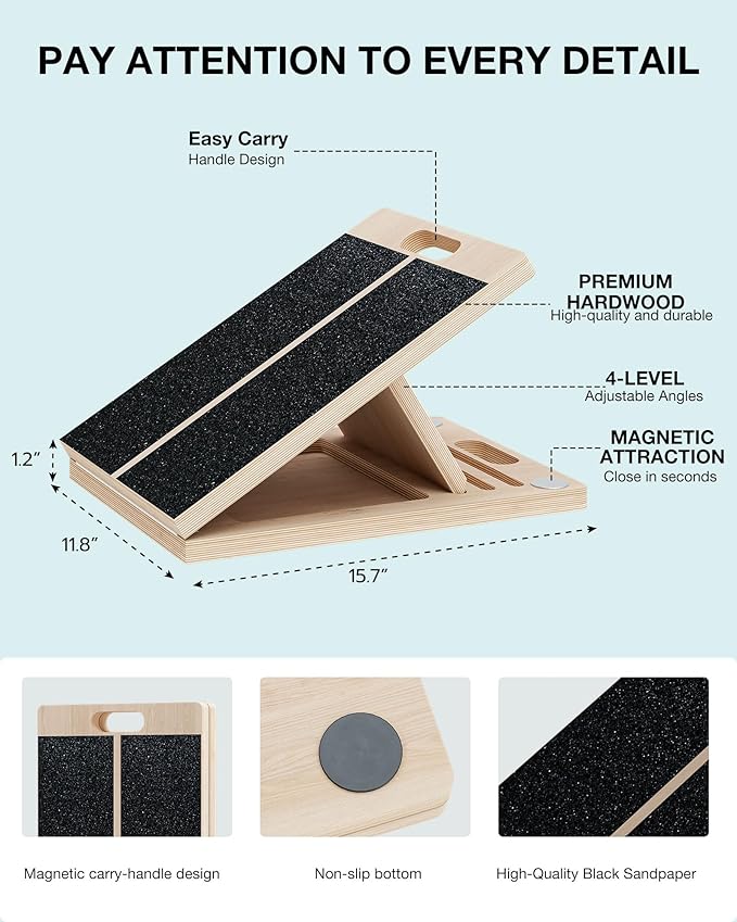 Slant Board for Calf-Stretching - Adjustable Wooden Incline Wedge for Squats and Balance, Portable Calf Stretcher for Ankle, Knee and Achilles Heel Support, Exercise Equipment for Therapy