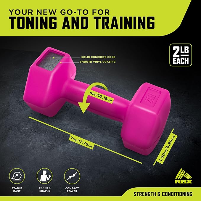 RBX Vinyl Coated Hand Weight Dumbbell Set - Hex Shaped, Roll Free for Body Building/Sculpting/Strength Training Exercise, (Set of 2)