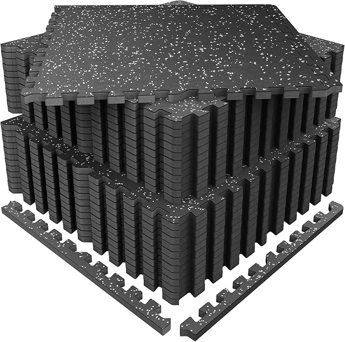 SUPERJARE 0.56'' Thick 24 Pcs 96 Sq Ft Rubber Top Exercise Equipment Mats, High Density EVA Foam Mats with Rubber Top, Interlocking Gym Flooring for Home Gym, Protective Workout Mat, Black/Grey