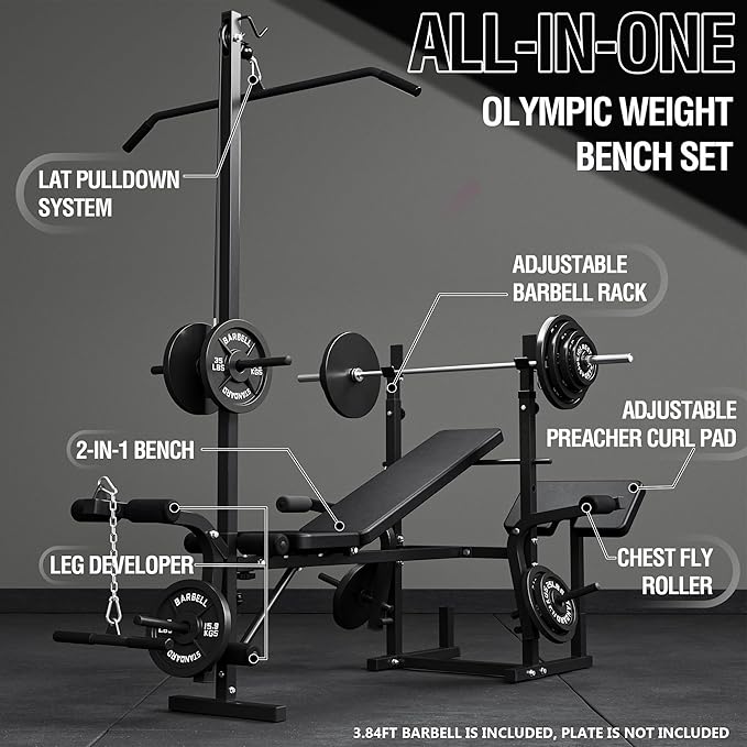 Mikolo 8 in 1 Olympic Weight Bench Set with Leg Extension and Leg Curl, Multi-Function Bench Press Set with Preacher Curl Pad and Chest Fly, Full-Body Strength Training Equipment