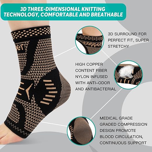 INDEEMAX Ankle Brace for Sprained Ankle Compression Sleeve, 2 Pack Copper Infused Ankle Support Brace for Women & Men, Plantar Fasciitis Relief Achilles Tendonitis, Sports Running, Copper Black, L