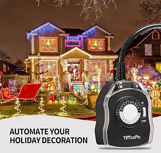 TiFFCOFiO Outdoor Timer Outlet for Lights, 24 Hour Mechanical, Outdoor Light Timer Waterproof, 2 Grounded Outlets for Home and Garden, 15A 1/2HP, Heavy Duty, CSA Listed (4 Pack)