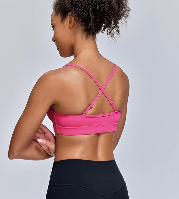 Oalka V Neck Sports Bra for Women Adjustable Padded Thin Straps Wireless Yoga Bras