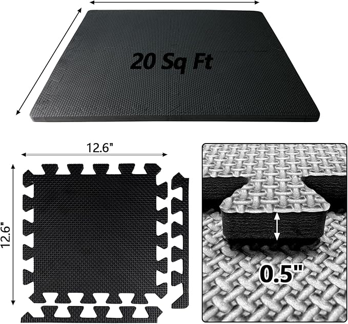1/2 inch Thickened Interlocking Foam Floor Mats (20 Sq Ft), 20 Tiles 12.6X12.6in High Density EVA Gym Flooring for Home Gym, Weightlifting, Kids Play Area, Non-slip, Free Splicing.