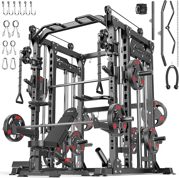 Multi-Purpose Squat Rack,Smith Machine Weight Rack Set with Cable Crossover System, Home Gym Power Racks, Power Racks and Packages