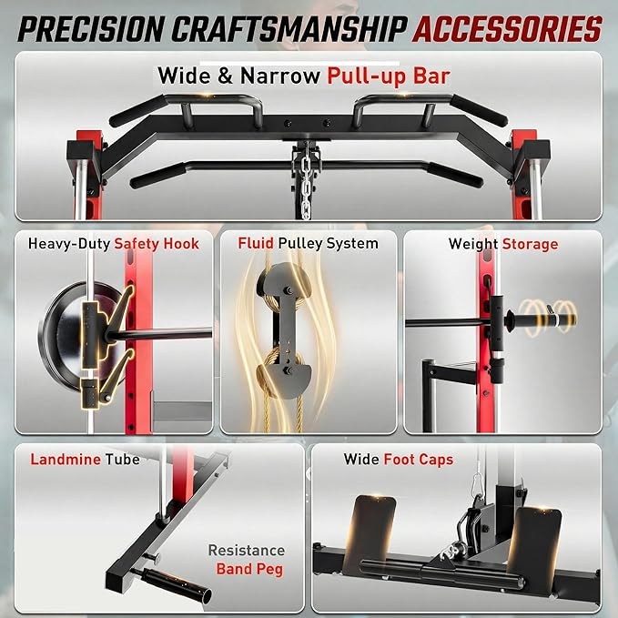 OPPSDECOR All-in-One Adjustable Smith Machine with LAT-Pull Down System Multi-Function Power Cage for Home Gym Cable Crossover Squat Rack of Workout Machine Training Equipment with Attachments