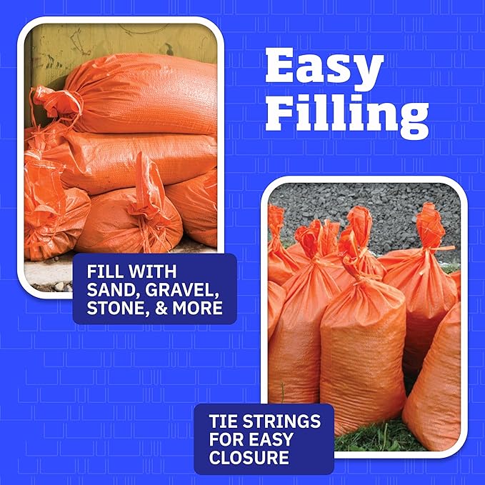 DURASACK Heavy Duty Sand Bags with Tie Strings Empty Woven Polypropylene Sand-Bags for Flood Control with 1600 Hours of UV Protection, 50 lbs Capacity, 14x26 inches, Orange, Pack of 20