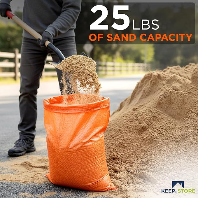 Heavy Duty Sand Bags Pack of 5, Bright Orange Empty Sandbags with Built-In Ties, Woven Polypropylene UV Protection 1600 Hours, Fillable Bags for Flood Control, Weight, 12x20 inches, 25 Pounds Volume