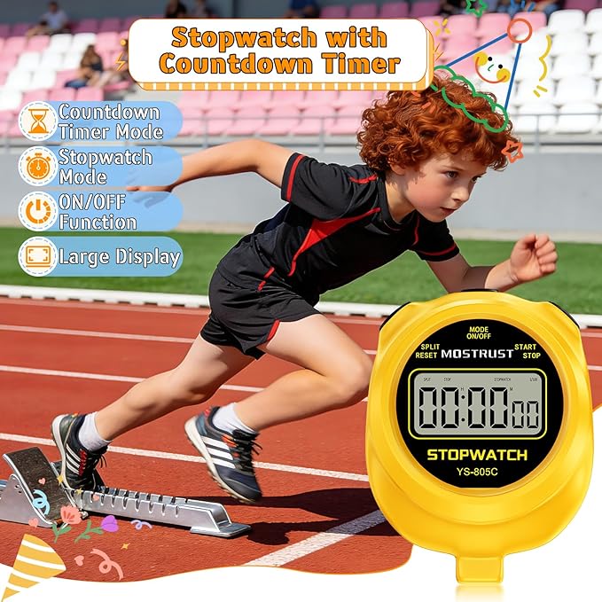 Digital Simple Stopwatch Timer, Single Lap Countdown Timer with On/Off, AAA Battery (Included) for Kids Students Coaches, Yellow
