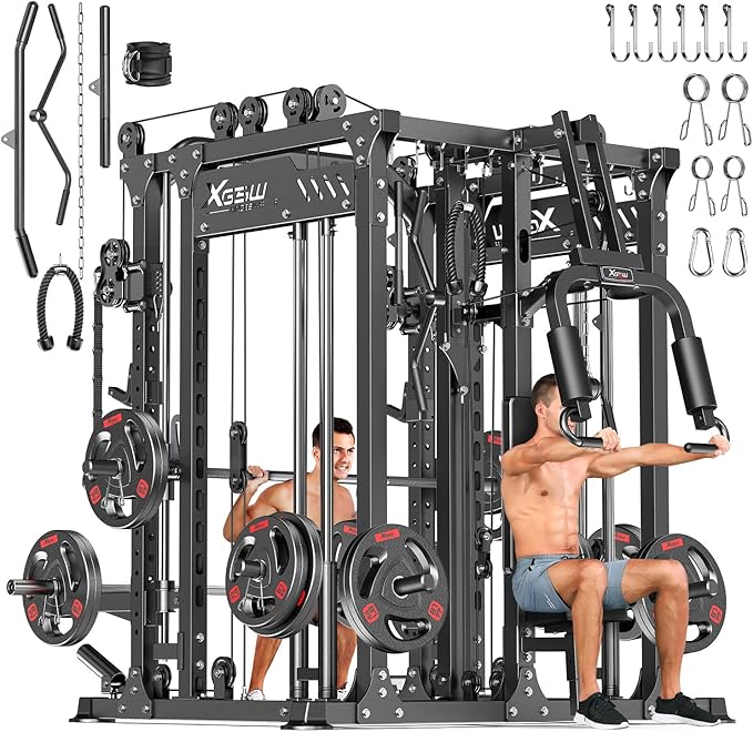 Multi-Purpose Squat Rack,Smith Machine Weight Rack Set with Cable Crossover System, Home Gym Power Racks, Power Racks and Packages