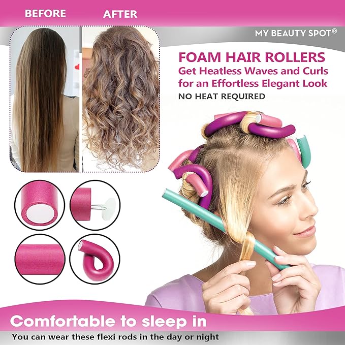 My Beauty Spot Flexi Rods Foam Hair Rollers 3/4" Diameter Professional Salon Quality 10 Pcs Rubber Hair Rollers for Long, Medium and Short Hair (Light Pink)