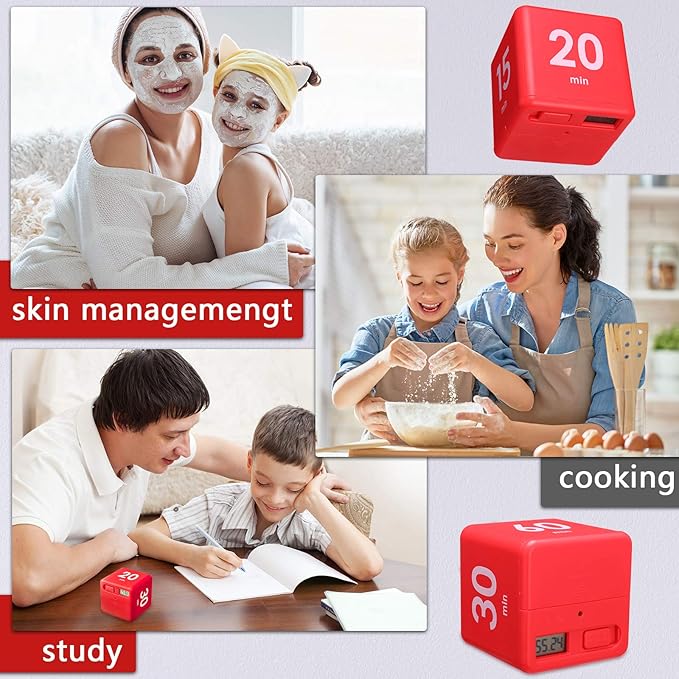 Weewooday 2 Pieces Cube Productivity Timer Flip Gravity Sensor Flip Countdown Countup Workout Timer Management 1 3 5 10 Minutes and 15 20 30 60 Minutes for Work Learning Kitchen Cooking(White, Red)