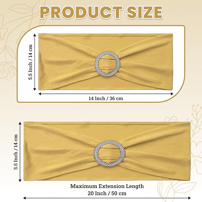 VDS - Gold | Spandex Chair Sashes Bows | 125 PCS | Stretch Elastic Banquet Universal Folding Chair Band Tie with Silver Buckle Slider for Wedding Party Conference Celebration Event Decoration