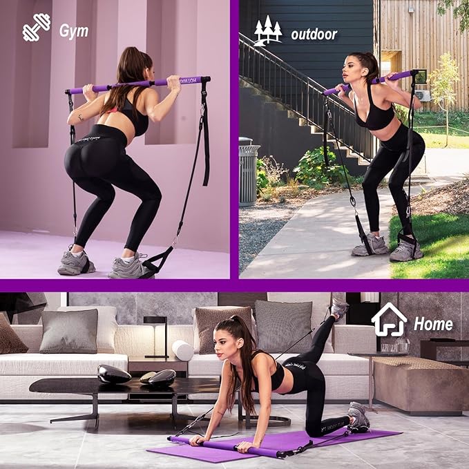 Pilates bar kit Multiple Fitness bar with Resistance Bands, Ab Rollers.Core Strength Training Equipment. Squat Machine for Men and Women.Portable Home Gym Pilates bar kit for Full Body Training Women