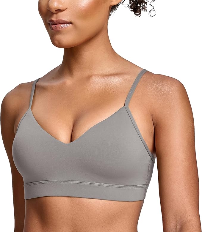 Oalka V Neck Sports Bra for Women Adjustable Padded Thin Straps Wireless Yoga Bras
