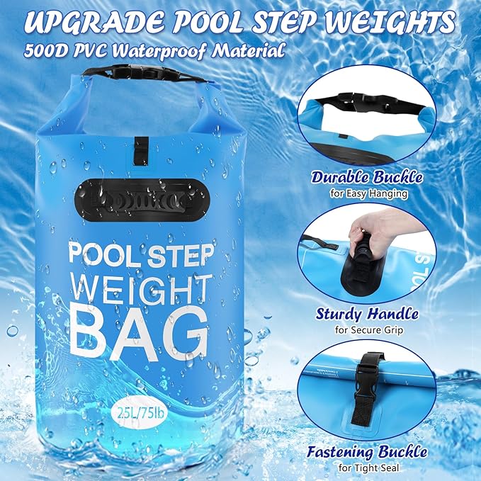 2 Pack 25L/75lb Universal Pool Step Weights 500D PVC Waterproof Swimming Pool Ladder Weights No Breaken Above Ground Pool Ladder Sand Bags, Foldable Pool Stair Weights for Pool Steps(Sky Blue)