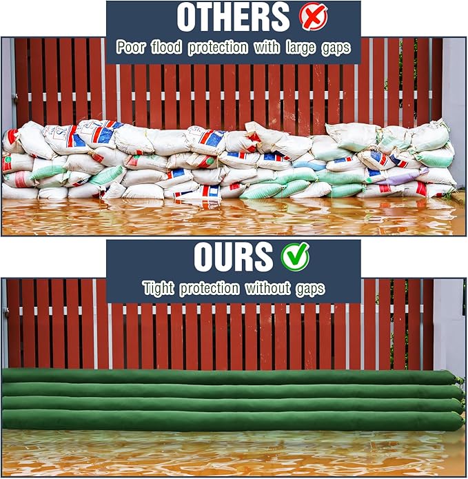 Threan 2 Pcs Long Canvas Sandbags for Flooding Sand Tube Bags Flood Protection Thickened Reusable Rain Wind Flood Barrier with Elastic Band Water Barrier Tube for Door Rain Control, Green (17ft)