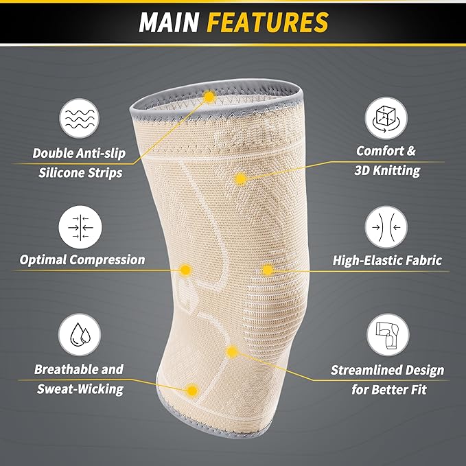 CAMBIVO 2 Pack Knee Brace, Knee Compression Sleeve for Men and Women, Knee Support for Running, Workout, Gym, Hiking, Sports (Beige,Large)