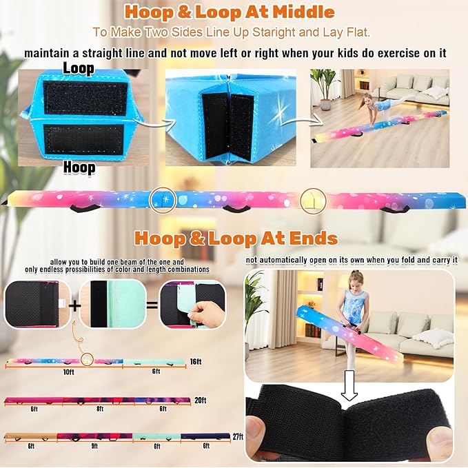 MARFULA 6 FT / 8 FT / 9 FT Folding Gymnastics Beam Foam Balance Floor Beam - Extra Firm - Suede Cover - Anti Slip Bottom with Carry Bag for Kids/Adults Home Use