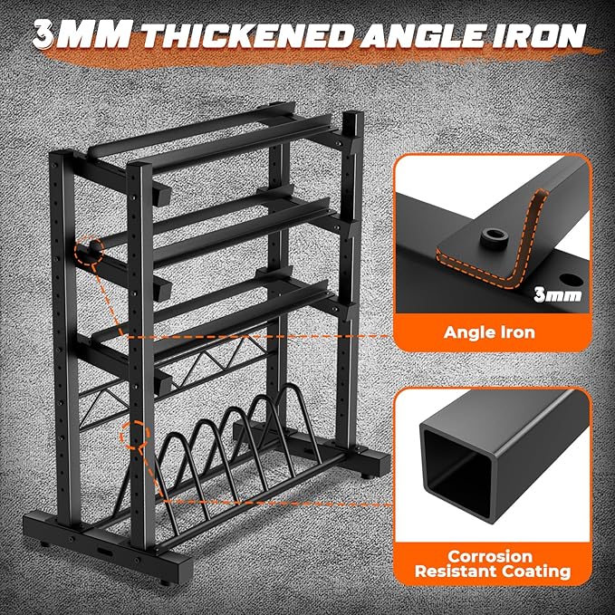 Upgraded 4-Tier Dumbbell Rack, 1100LBS Weight Rack for Home Gym, Barbell Holder Bumper Plate Storage Rack with Adjustable Height & Width Design, Heavy Duty Weight Storage Organizer (Rack Only)