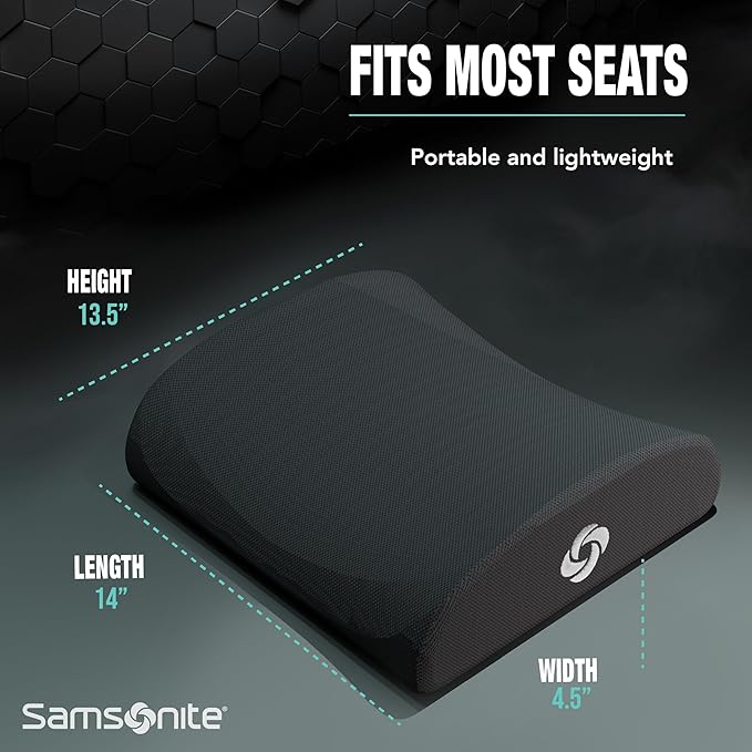 Samsonite Lumbar Support Pillow for Office Chair, Lower Back Support for Car, Back Pillow Desk Chair Cushion with Memory Foam, Improved Posture Backrest