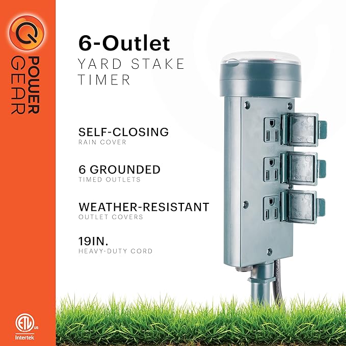 PowerGear Outdoor 6 Outlet Mechanical Stake Timer, Easy-to-Set Dial, 30-Minute Interval Pushpins, 19.7 Inch Cord with Weather-Resistant Covers, 64759