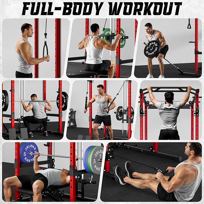 JELENS C12 Squat Rack for Home Gym, 2000LBS Power Rack with Adjustable Pulley System, Power Cage Workout Equipment with LAT Pulldown and Training Attachment
