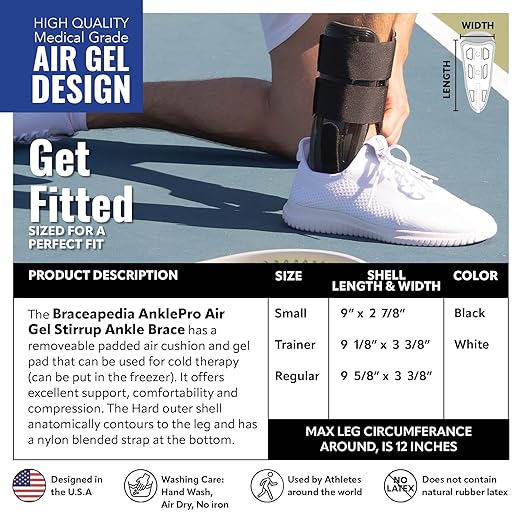 AnklePro Air Cushion Stirrup Ankle Stabilizer Brace - Removable Cold Therapy 3-Strap Rigid Stirrup Ankle Splint w/Gel Pad for Women & Men - Lateral Support for Stability, Black, Small