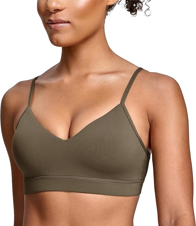 Oalka V Neck Sports Bra for Women Adjustable Padded Thin Straps Wireless Yoga Bras