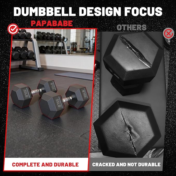 PAPABABE HEX Dumbbell Set 2.5-125lb, Rubber Encased Home Gym Dumbbells, Exercise & Fitness Weights Dumbbells for Women & Men, Hand Weight for Strength Training