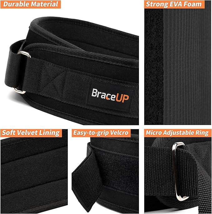 BraceUP Weight Lifting Belt for Men and Women – 4-inch Wide Weight Belt, for Weightlifting, Squat, Deadlift, Power Lifting, Gym Training, and Back Support