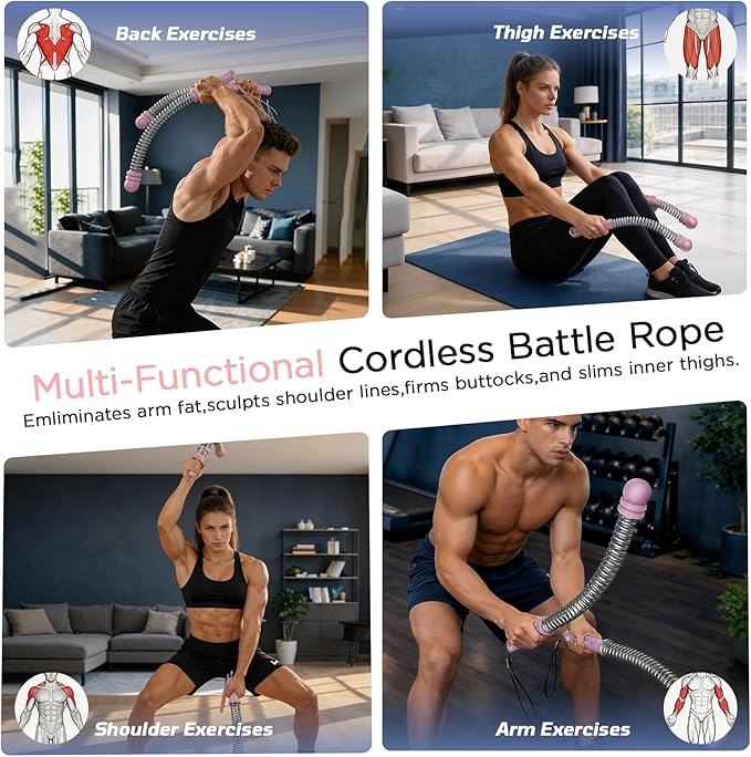 Portable Adjustable Cordless Battle Ropes, Heavy Duty Ropeless Battle Rope Non-Slip Handle with Storage Bag for Small Space, Rope for Women HIIT Cardio Low-Impact Aerobic Training