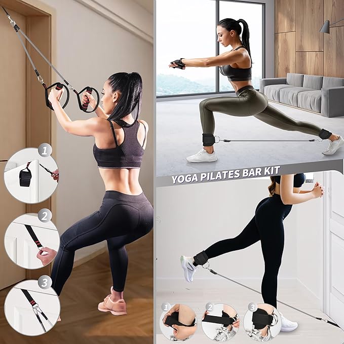 Goocrun Portable Pilates Bar Kit with Resistance Bands for Men and Women - 3 Set Exercise Resistance Bands - Multifunctional Home Gym - Supports Full-Body Workouts – with Fitness Poster and Video