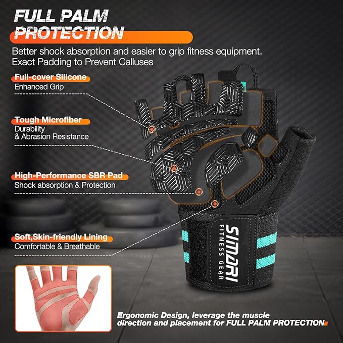 SIMARI Workout Gym Gloves for Men Women, Weight Lifting Gloves with Wrist Wrap Support, SBR Pad Grip for Full Palm Protection, for Exercise, Fitness, Dumbbells, Barbell, Climbing, Fingerless