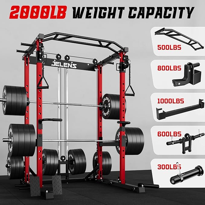 JELENS C12 Squat Rack for Home Gym, 2000LBS Power Rack with Adjustable Pulley System, Power Cage Workout Equipment with LAT Pulldown and Training Attachment