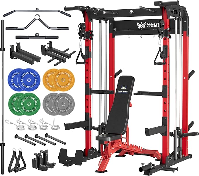 MAJOR FITNESS F22 Power Rack, 1600lbs All-in-One Squat Rack with Dual Pulley System, Heavy-Duty Steel Frame, Attachments & Storage for Home Gym Strength Training