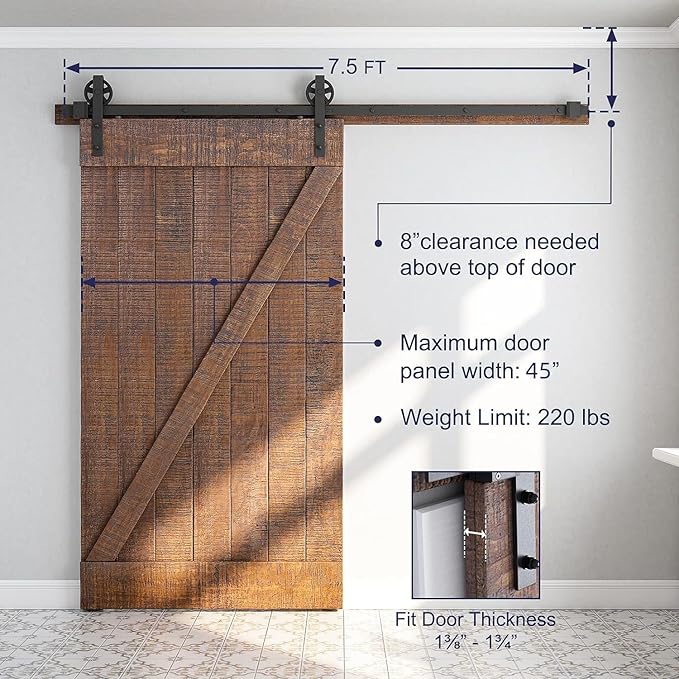 SMARTSTANDARD 7.5 Feet Heavy Duty Sliding Barn Door Hardware Kit, 4FT - 18FT, Black, Smoothly and Quietly, Simple and Easy to Install, Fit 42" -45" Wide Panel (Industrial Bigwheel Hangers)