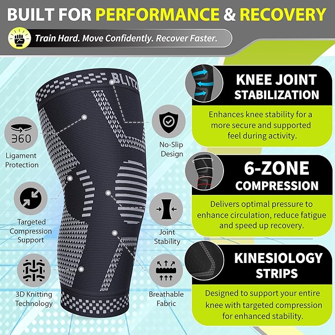 Knee Brace for Meniscus Tear 2 Pack, Knee Compression Sleeve for Men and Women, Knee Support for Arthritis, Swelling, Inflammation, ACL, Pain Relief, Running, Workout, Sports and Recovery Jet Black L